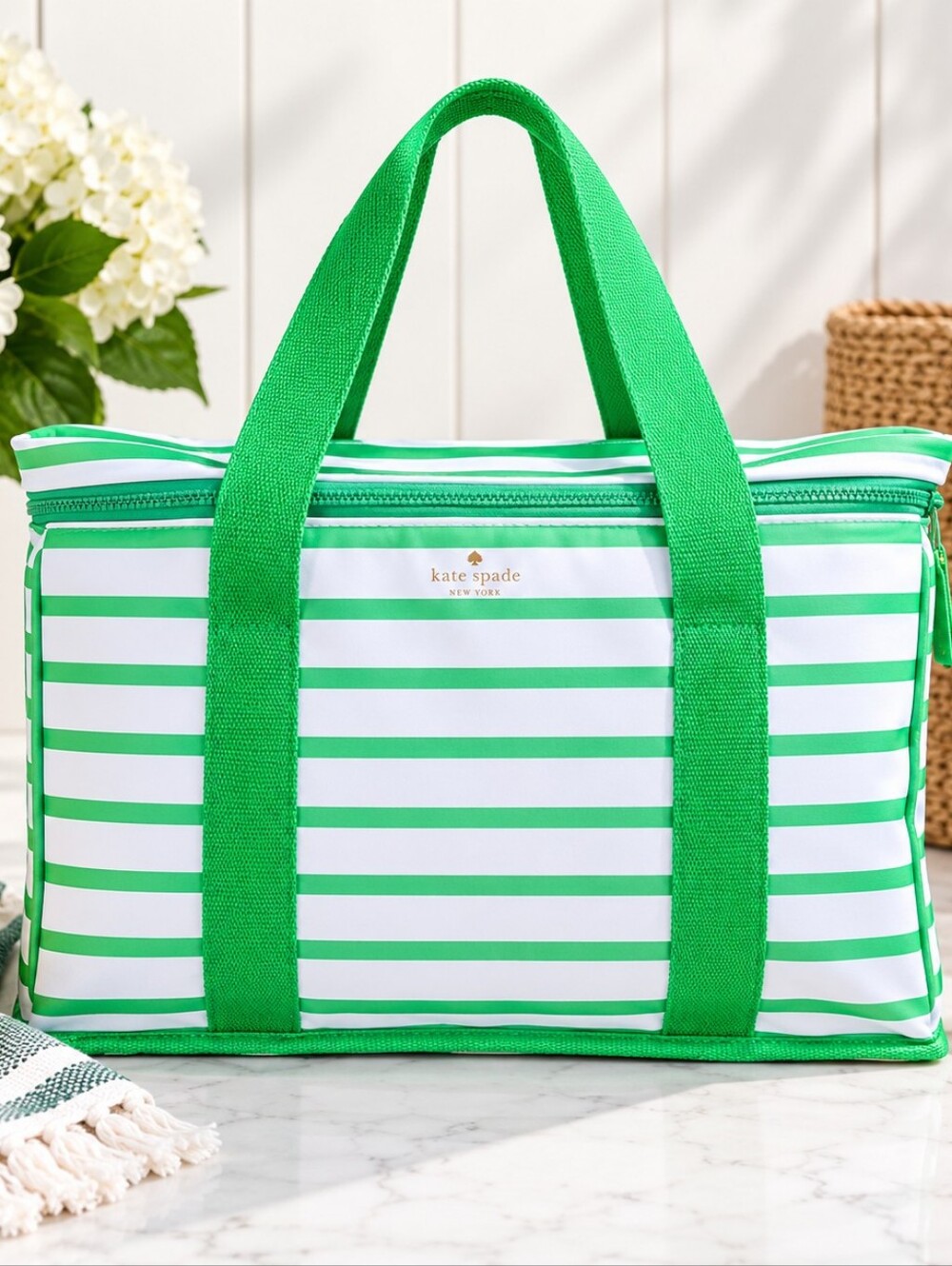 Kate Spade Green Bean Stripe Large Insulated Grocery Cooler Tote